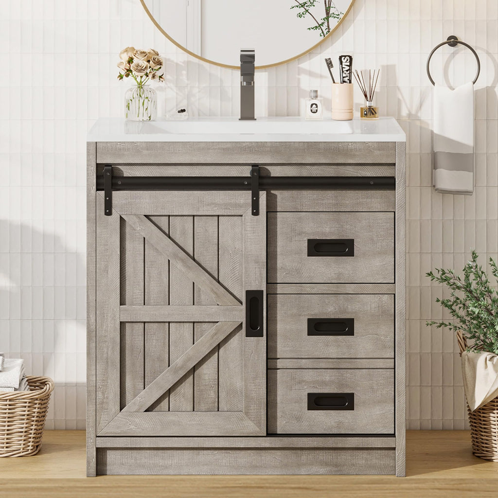AMERLIFE 48" Farmhouse Freestanding Bathroom Vanity with Sink, Sliding Barn Doors Bathroom Vanity with Drawers & Deep Basin, Spacious Bathroom Storage, Rustic White