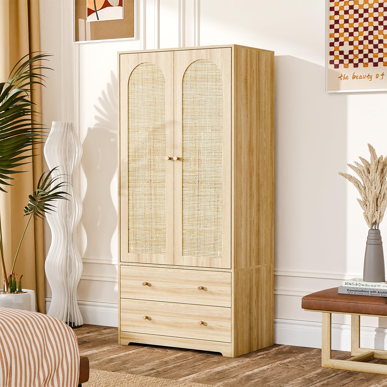 VINGLI Arched Wardrobe Closet Armoire with Drawer, 70" Tall Wooden Wardrobe Closet,Clothing Storage Cabinet, Large Capacity Storage, Natural Oak