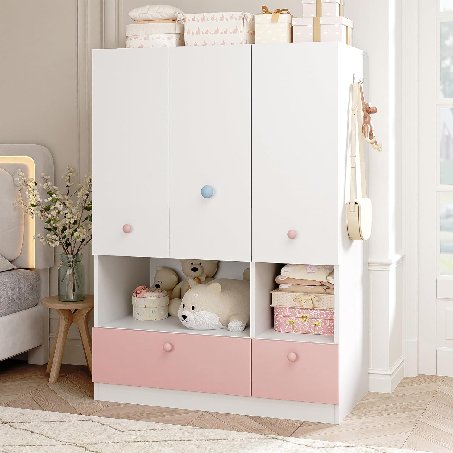 3-Door White Wooden Armoire Wardrobe with Drawers, Adjustable Shelves & Hanging Rod