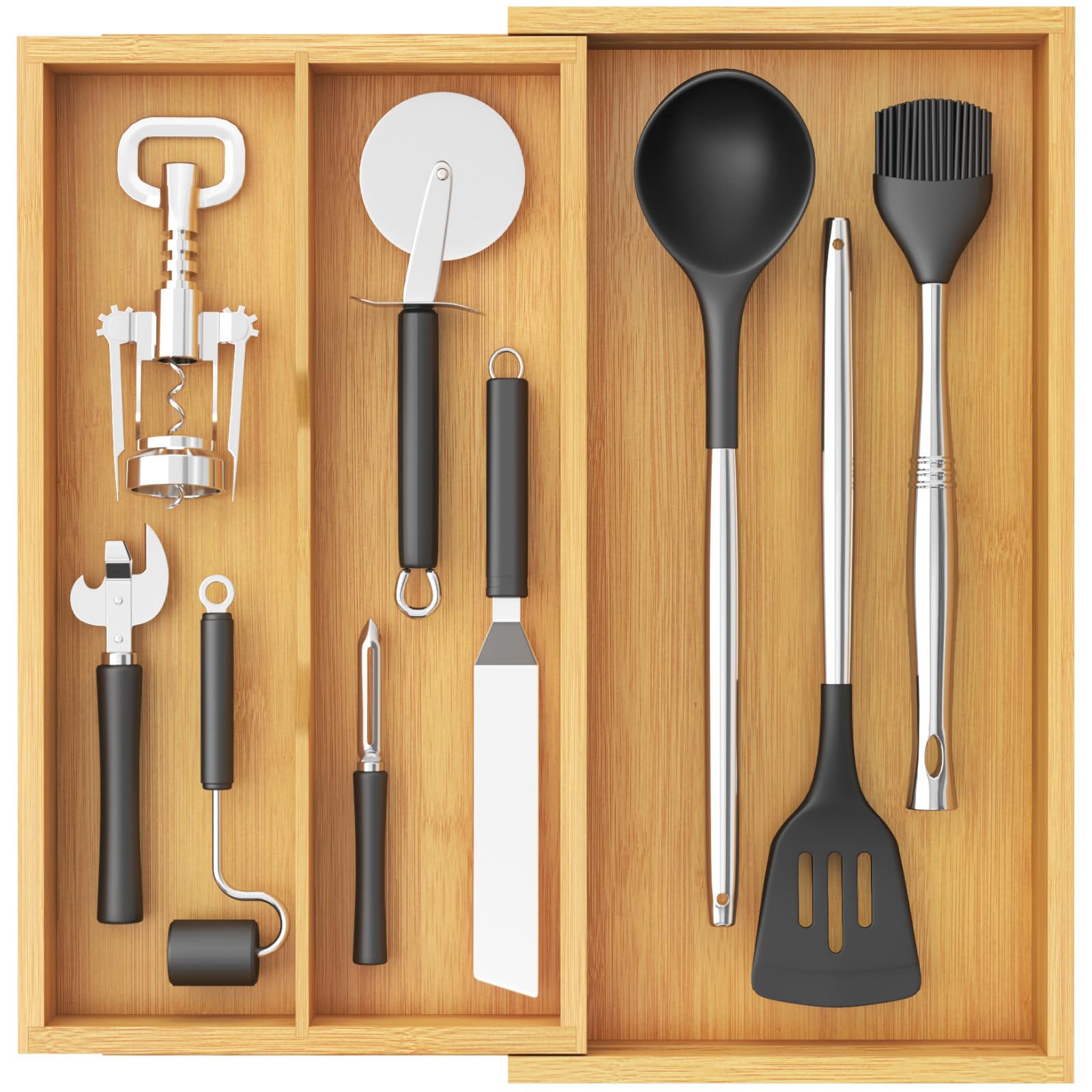 Expandable Wooden Kitchen Drawer Utensil Organizer Adjustable Cutlery Storage Tray 33-56×38cm Natural