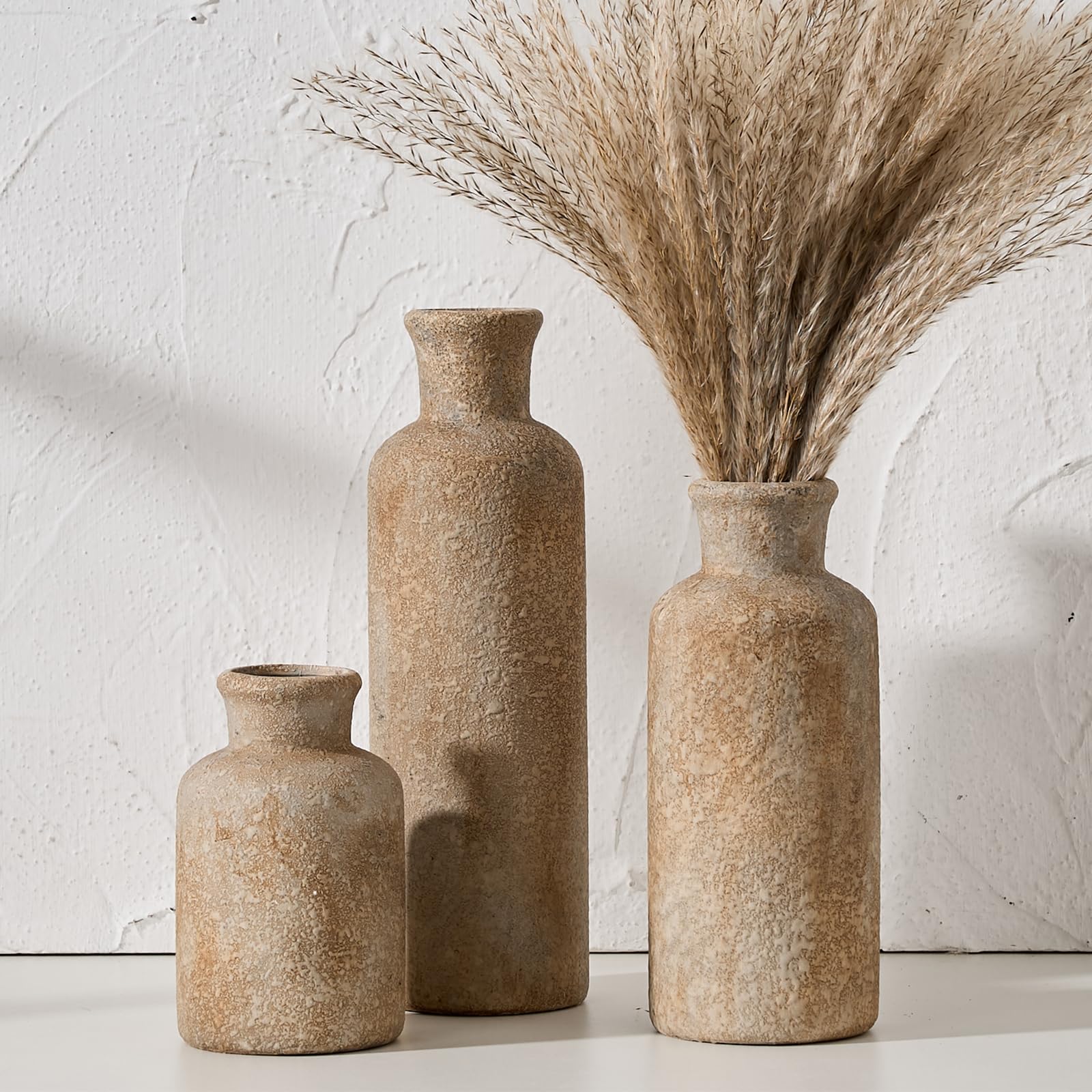 LUKA Ceramic Vase Set of 3,Decorative Terracotta Vases for Home Decor,Rustic Pottery Vase for Your Bedroom,Office,Living Room,Fireplace,Bookshelf （10+7.5+5 Inch） (Antique-White)