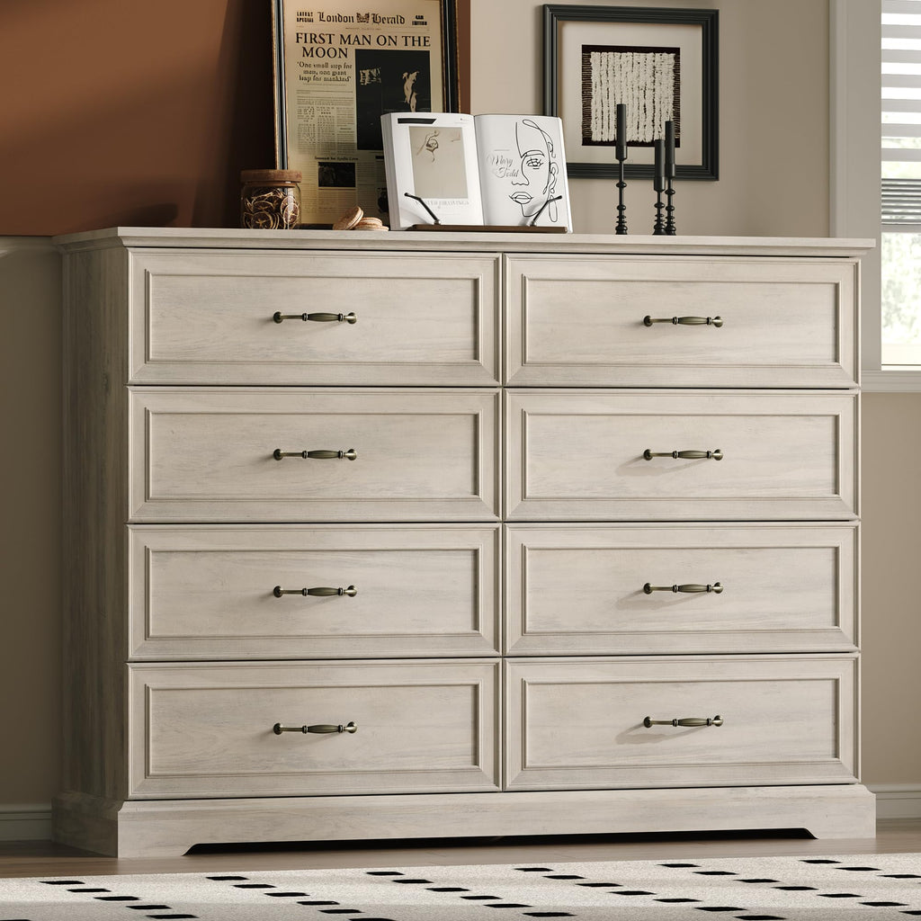 White Farmhouse 8-Drawer Wooden Dresser, 54" Wide Rustic Storage Chest with Bar Handles