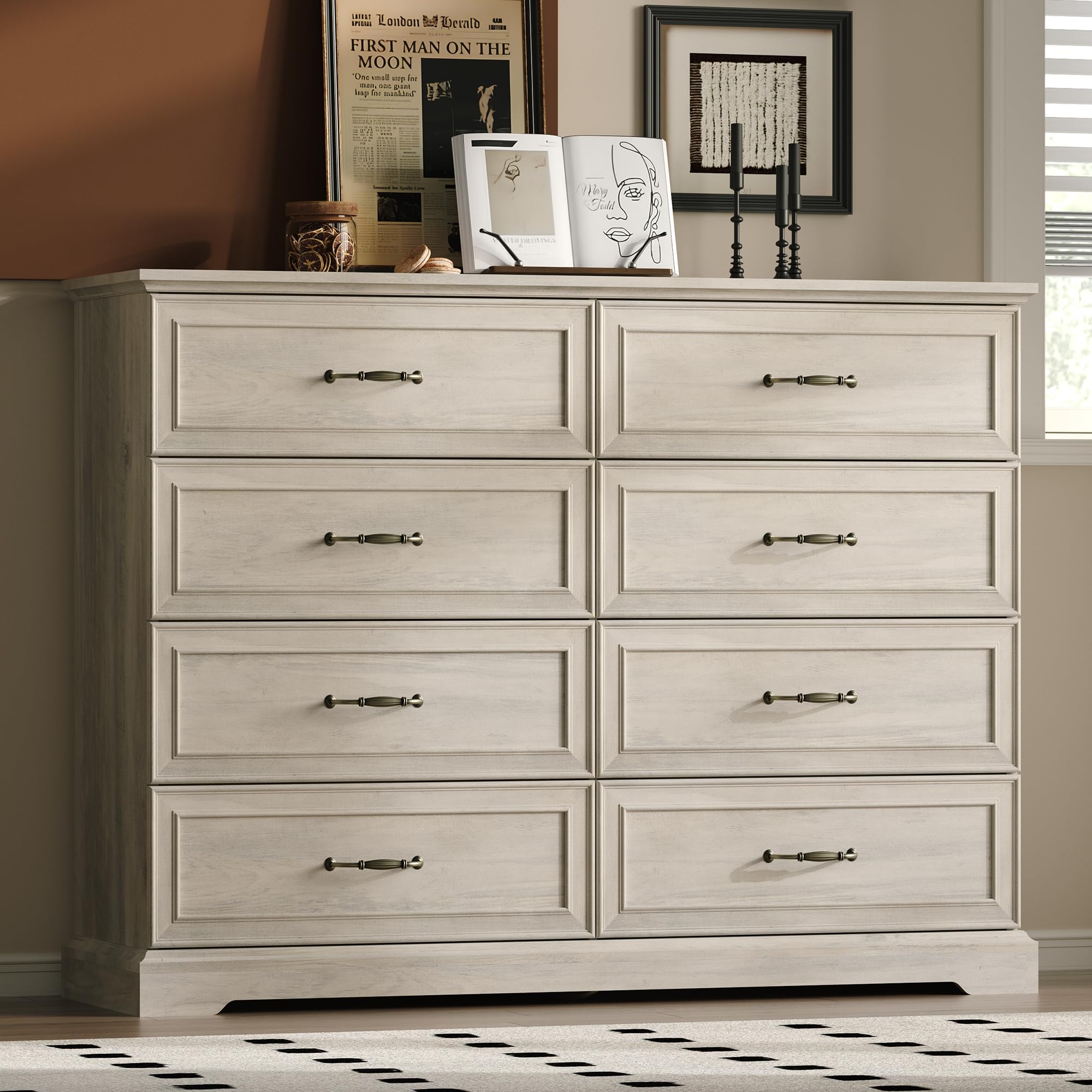 White Farmhouse 8-Drawer Wooden Dresser, 54" Wide Rustic Storage Chest with Bar Handles