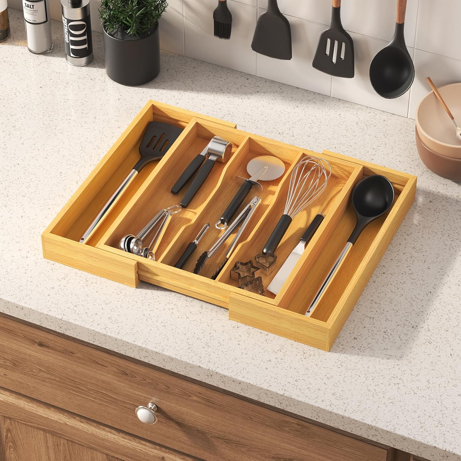 Expandable Wooden Kitchen Drawer Utensil Organizer Adjustable Cutlery Storage Tray 33-56×38cm Natural