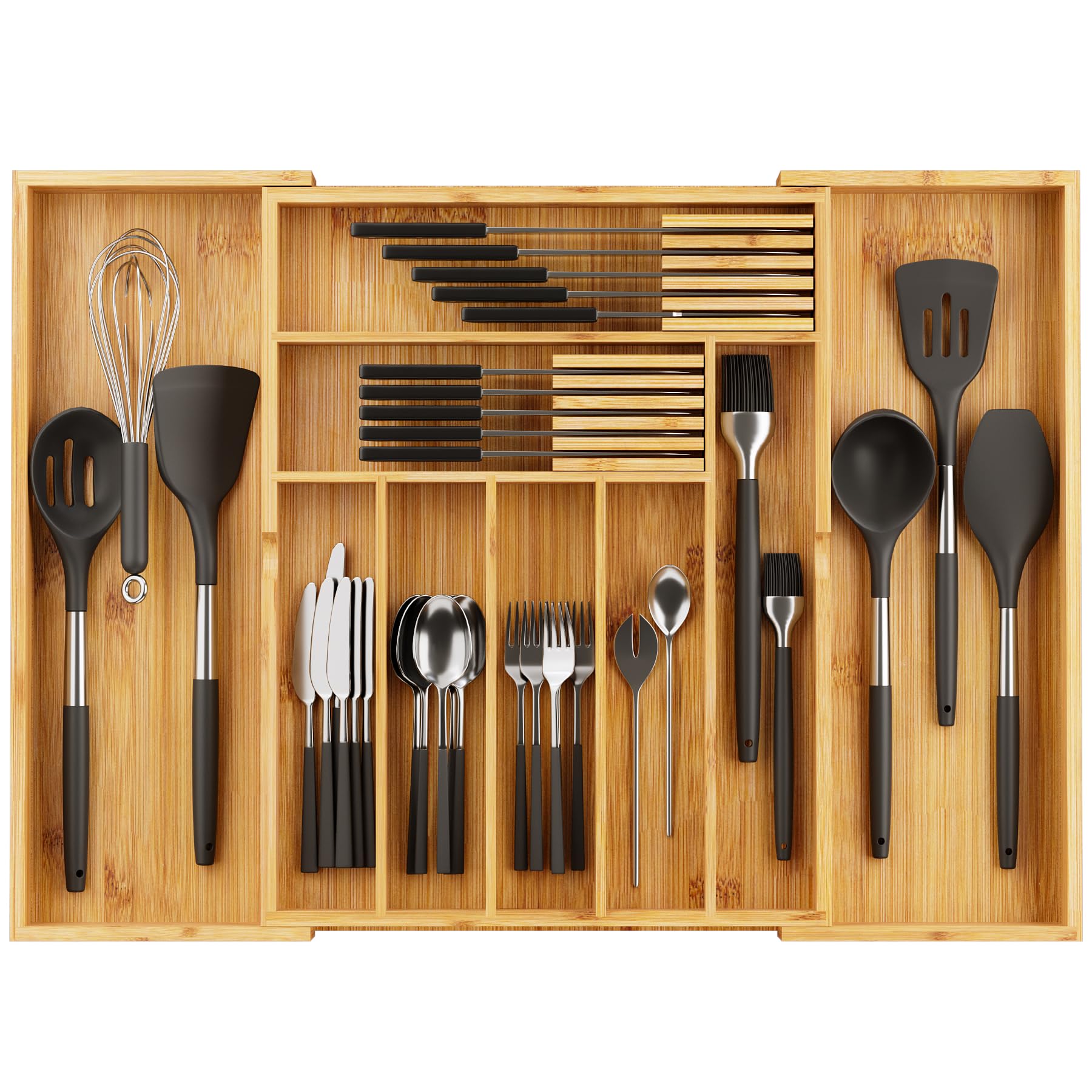 BAMEOS 3.9inch Tall Bamboo Drawer Organizer, Expandable Utensil Holder with 8 Compartments, Adjustable Kitchen Drawer Divider for Flatware, Silverware and Gadgets, Deep Storage for Home and Office