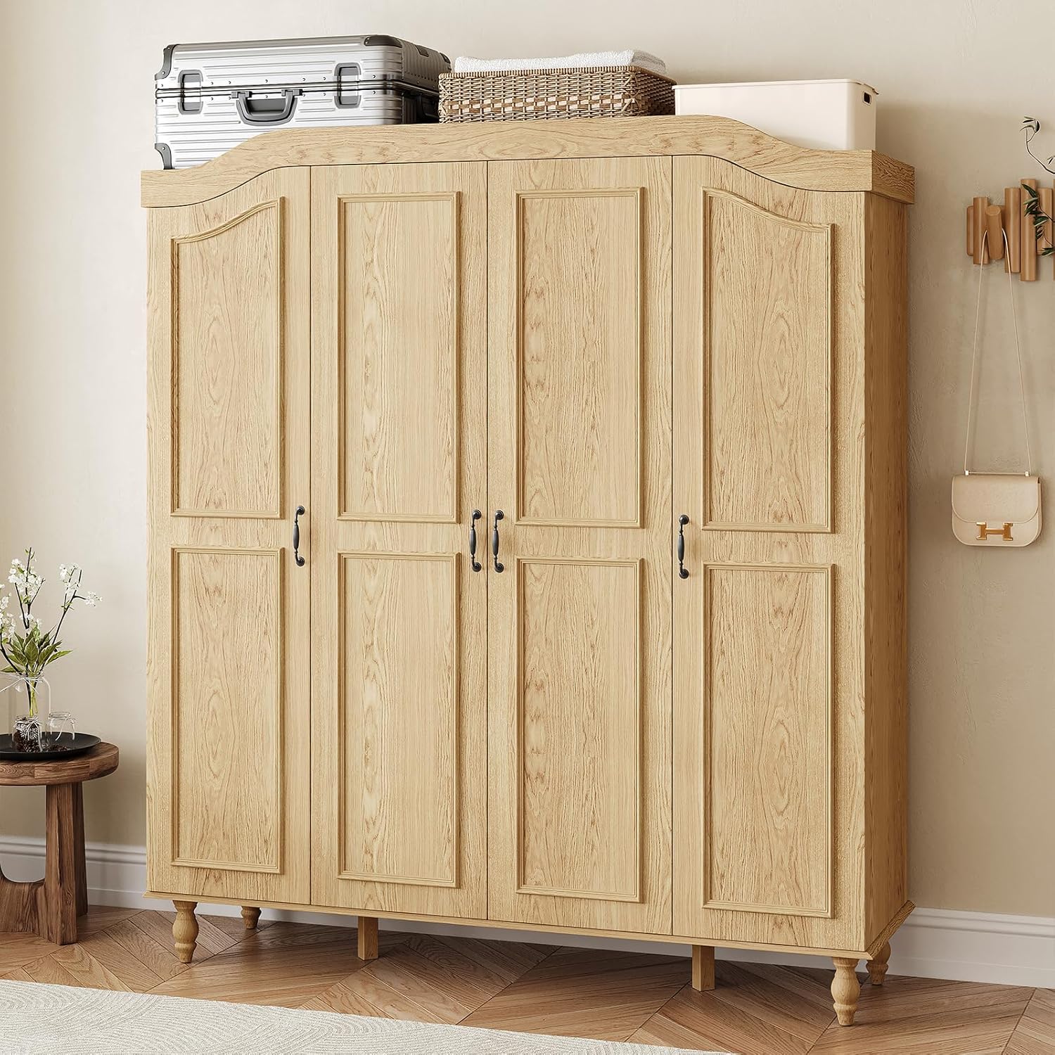 Arched Armoire Wardrobe Closet with 4 Doors, 71" H Wooden Large Capacity Wardrobe Cabinet with 2 Hanging Rods and 8 Shelves, Freestanding Armoire Storage Cabinet for Bedroom, Cloak Room, Natural