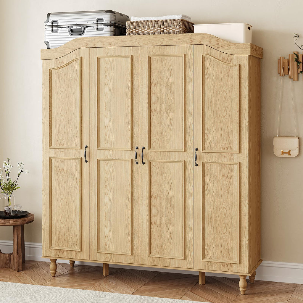 Arched Armoire Wardrobe Closet with 4 Doors, 71" H Wooden Large Capacity Wardrobe Cabinet with 2 Hanging Rods and 8 Shelves, Freestanding Armoire Storage Cabinet for Bedroom, Cloak Room, Natural