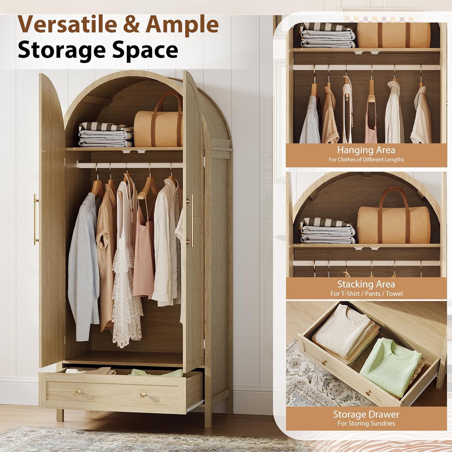 VINGLI Arched Wardrobe Closet Armoire with Drawer, 70" Tall Wooden Wardrobe Closet,Clothing Storage Cabinet, Large Capacity Storage, Natural Oak