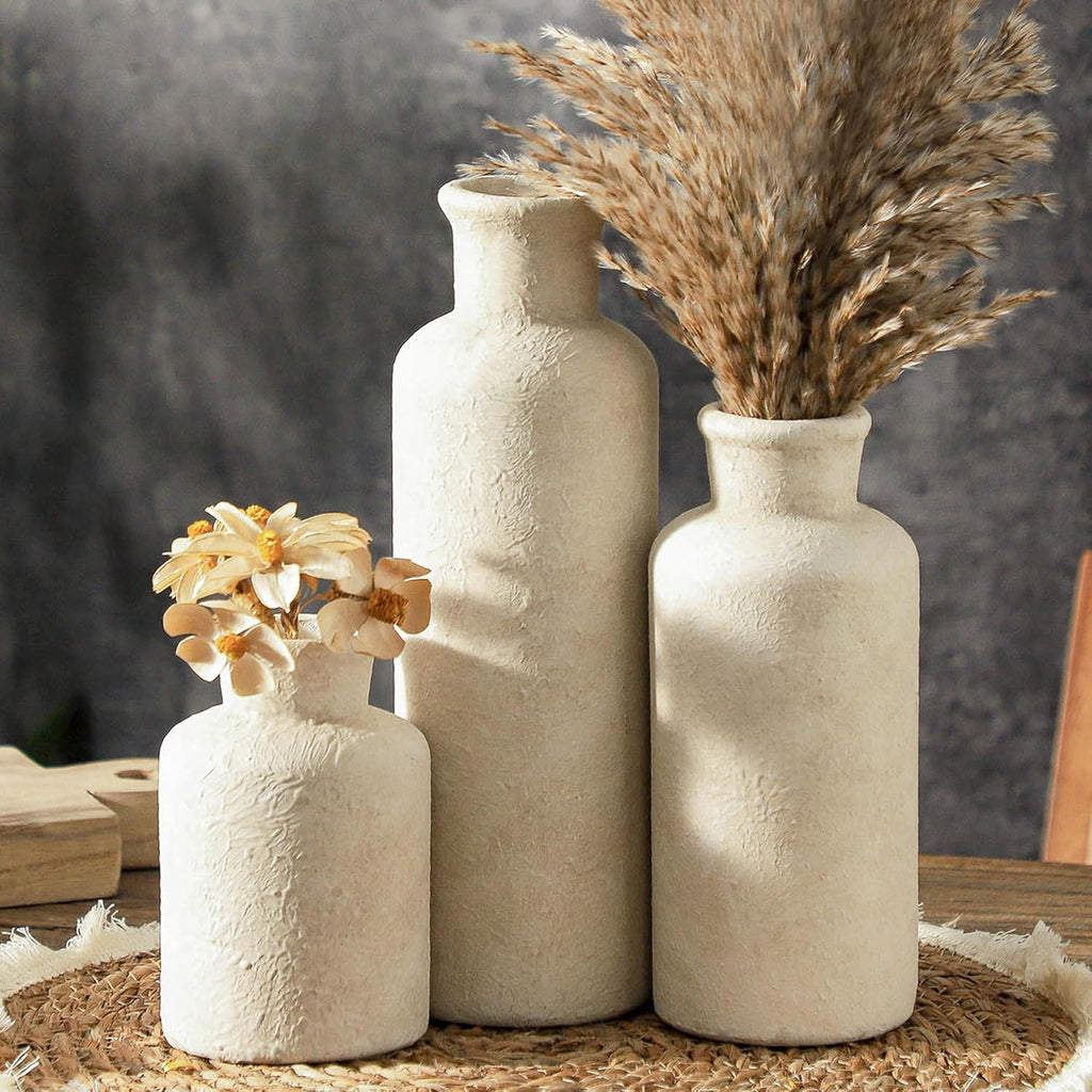 Set of 3 Whitewashed Farmhouse Ceramic Vases Neutral Rustic Home Decor Vases