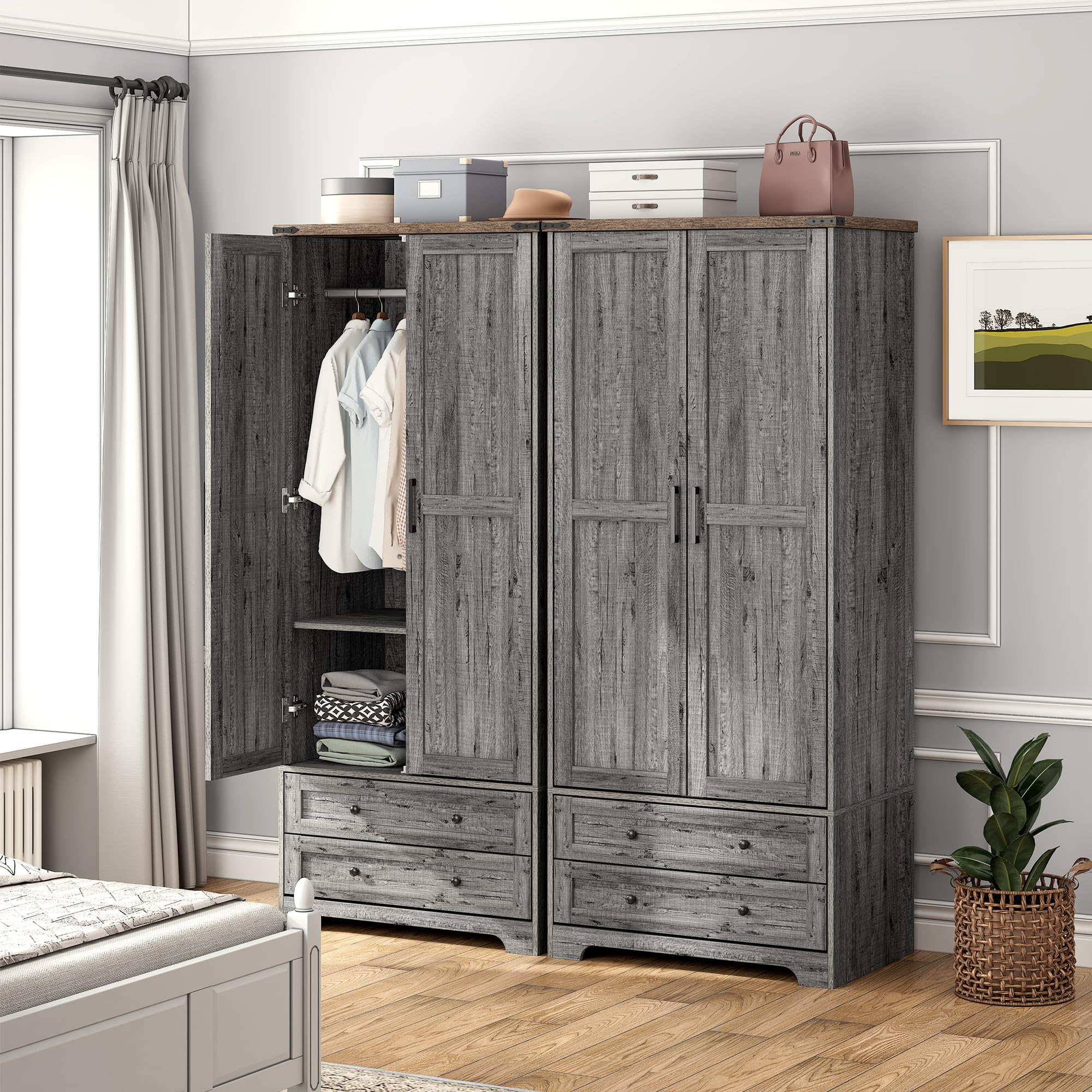 Brafab Armoire Wardrobe Closet with 2 Rattan Doors, 71" Farmhouse Tall Freestanding Coat Closet Wardrobe Cabinet with Drawers and Hanging Rail, Wooden Armoire Storage Cabinet with Shelf for Bedroom