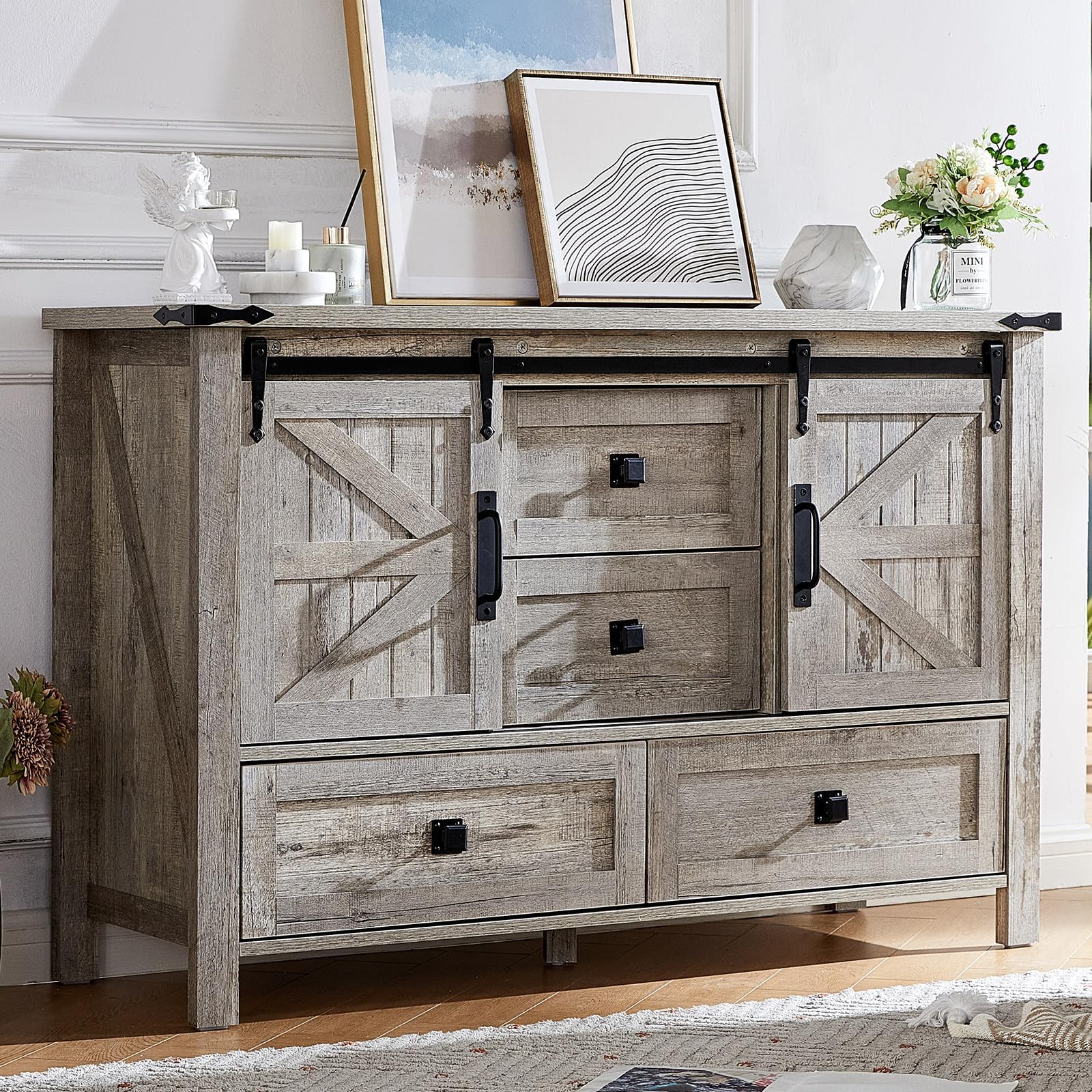 AMERLIFE 60" Farmhouse Dresser with Sliding Barn Doors, Rustic Dresser TV Stand with 4 Drawers, Storage Organizer for Bedroom/Entryway, Distressed White