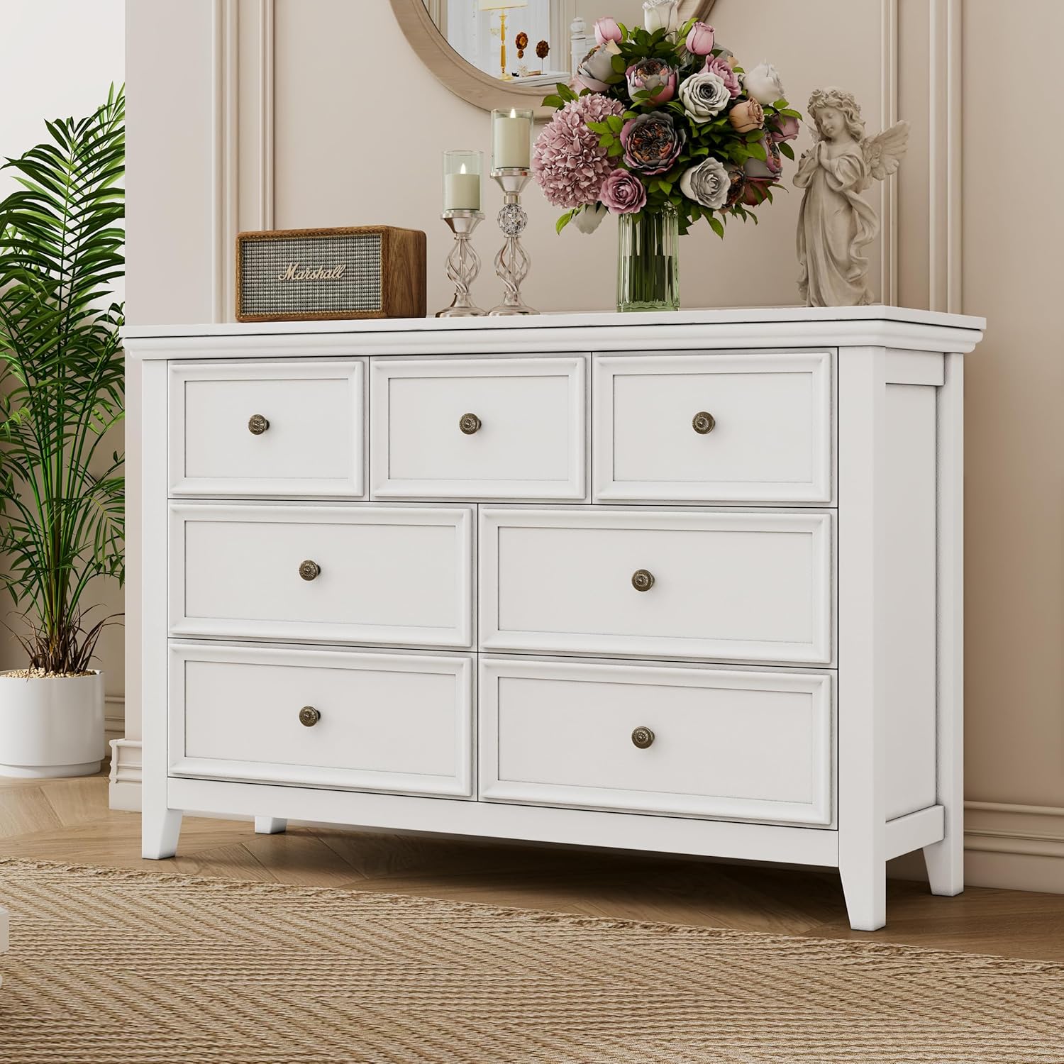 BOSHIRO White Dresser for Bedroom, White 7 Drawers Dresser, Modern 7 Chest of Drawers, Closet Dresser, Farmhouse Dresser with 7 Storage Drawers Cabinet for Home Office, Study Room