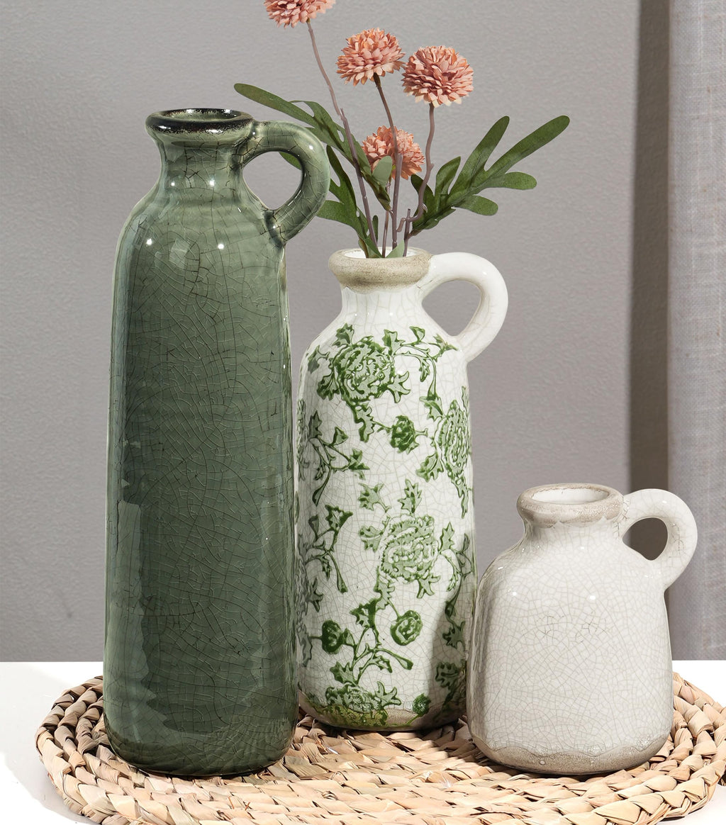 Ceramic Vase Set, 3Pcs Flower Vases for Modern Boho Farmhouse Decor, Decorative Vases for Pampas Grass & Dried Flowers, Distressed Finish