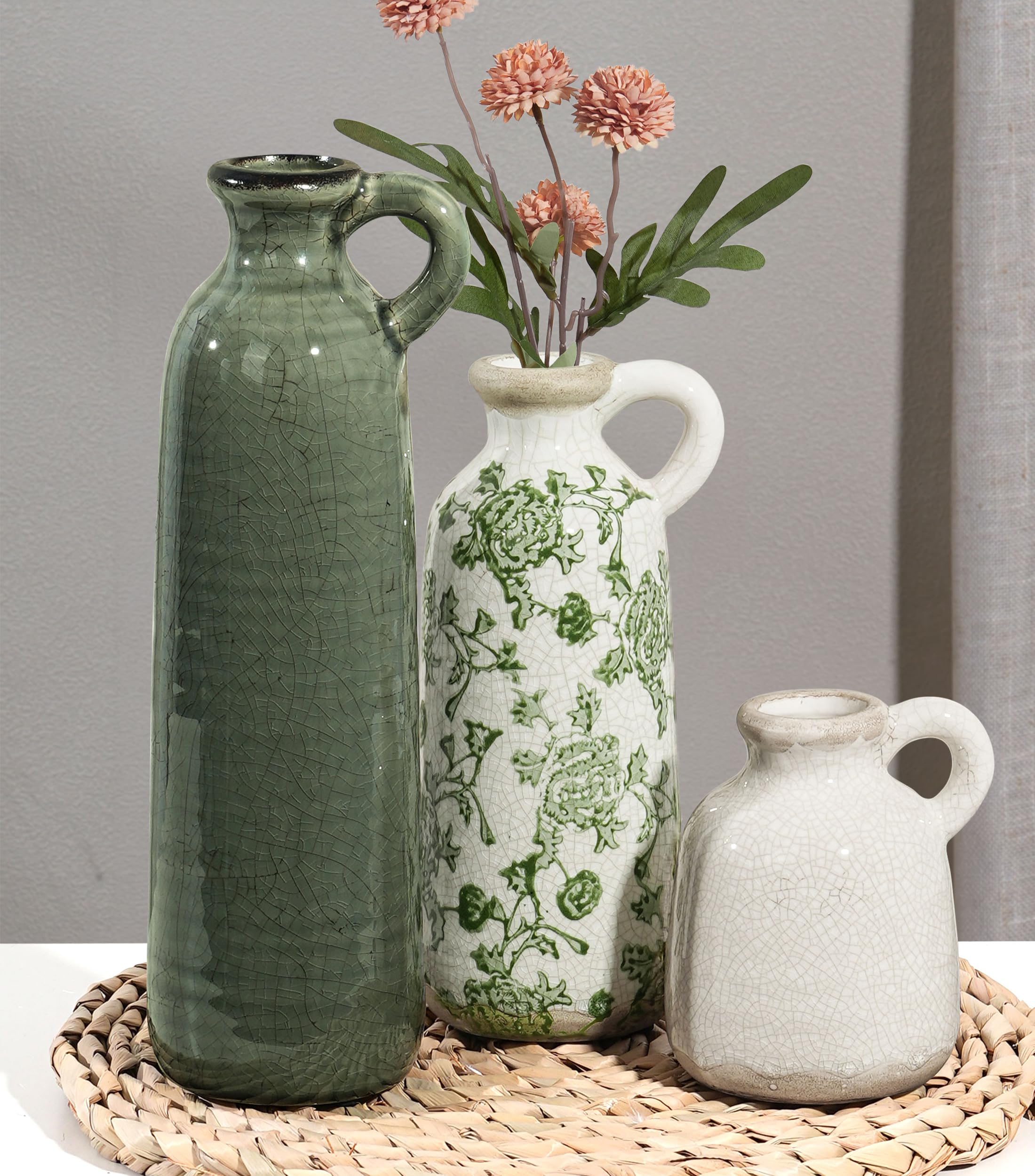 Ceramic Vase Set, 3Pcs Flower Vases for Modern Boho Farmhouse Decor, Decorative Vases for Pampas Grass & Dried Flowers, Distressed Finish