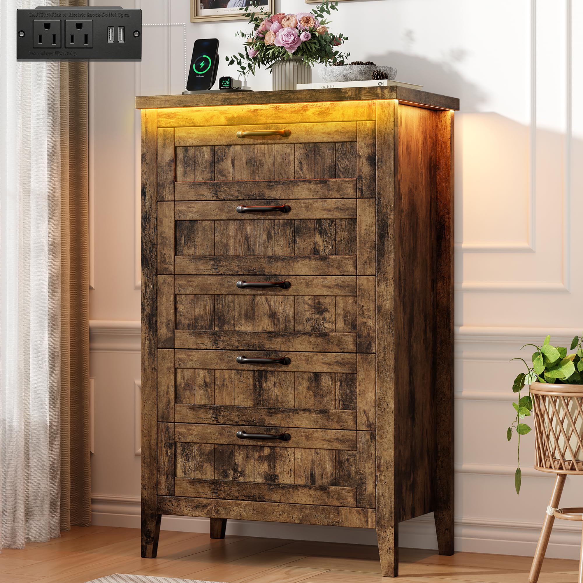 GarveeHome Farmhouse 6 Drawer Dresser with Charging Station & LED Lights, Slim Wooden Bedroom Dresser, Rustic Chest of Drawers Clothes Storage Organizer for Closet Dorm Apartments, White
