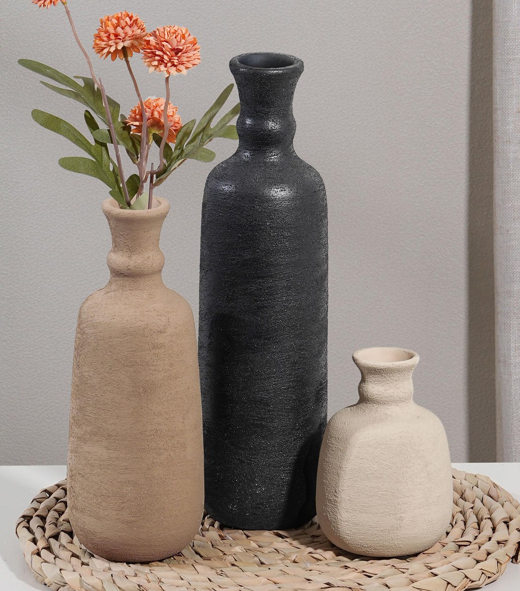 Ceramic Vase Set, 3Pcs Flower Vases for Modern Boho Farmhouse Decor, Decorative Vases for Pampas Grass & Dried Flowers, Distressed Finish