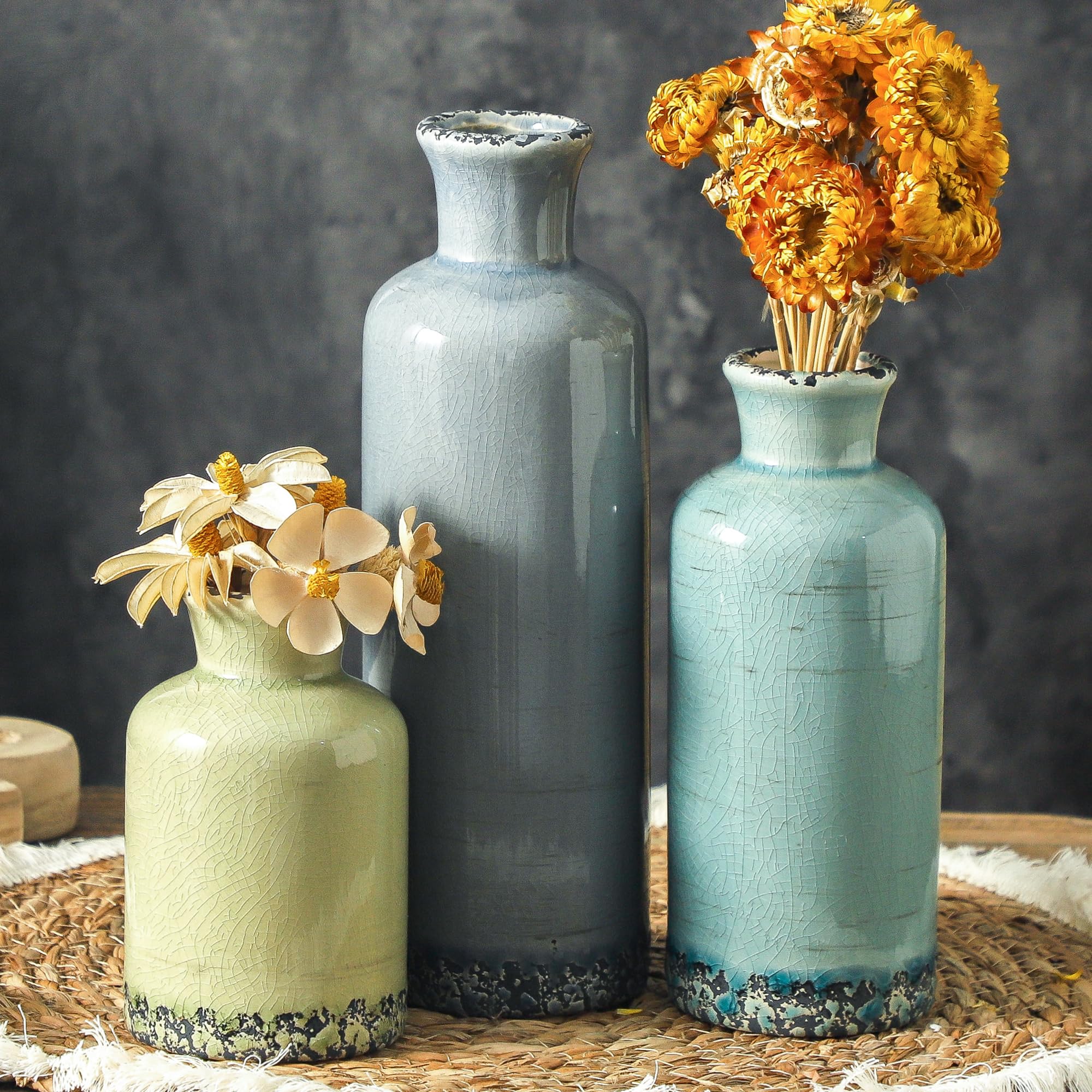 Set of 3 Whitewashed Farmhouse Ceramic Vases Neutral Rustic Home Decor Vases