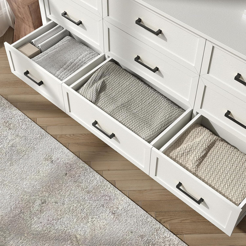 Farmhouse White 9 Drawers Dresser for Bedroom, Wood Rustic Wide Dressers with Metal Handles, Wood Chest for Bedroom, Hallway, Entryway