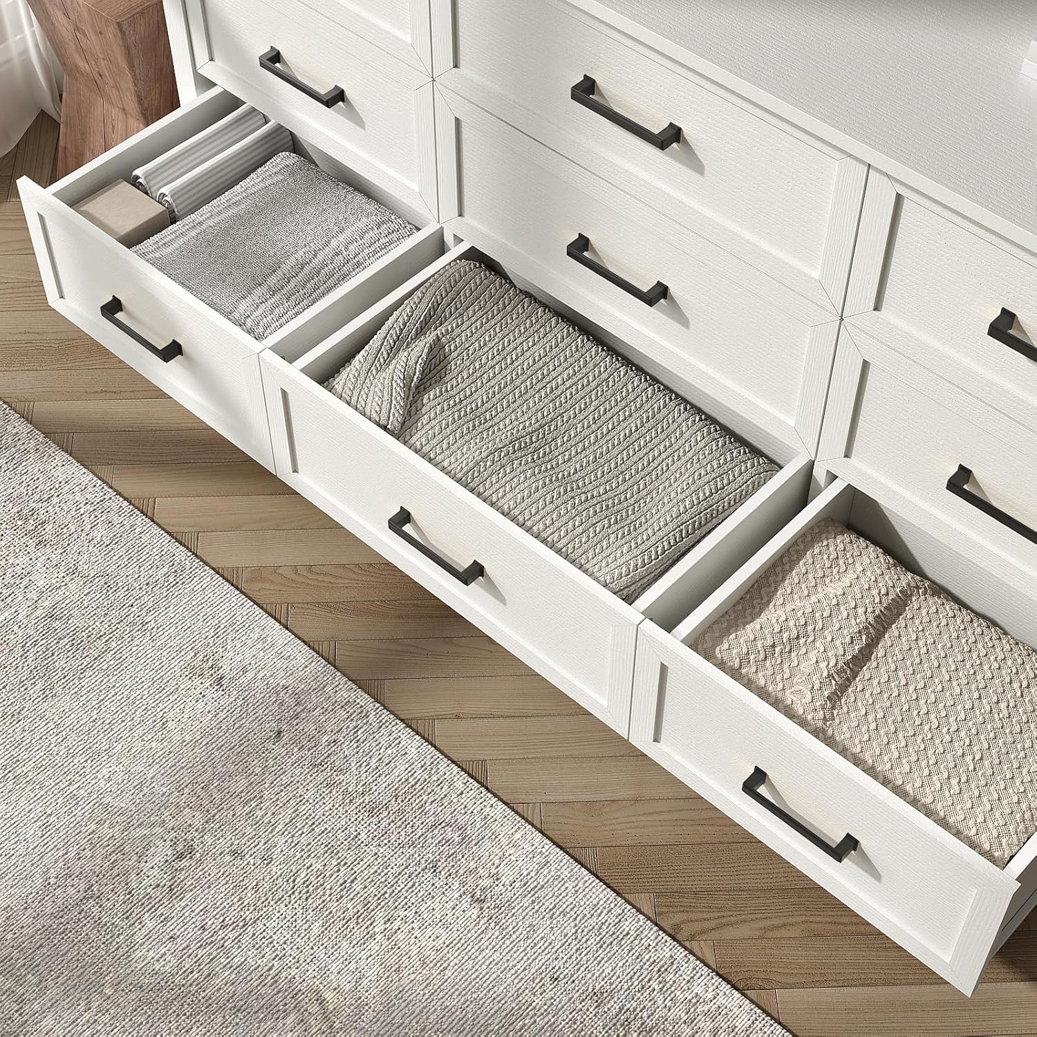 Farmhouse White 9 Drawers Dresser for Bedroom, Wood Rustic Wide Dressers with Metal Handles, Wood Chest for Bedroom, Hallway, Entryway