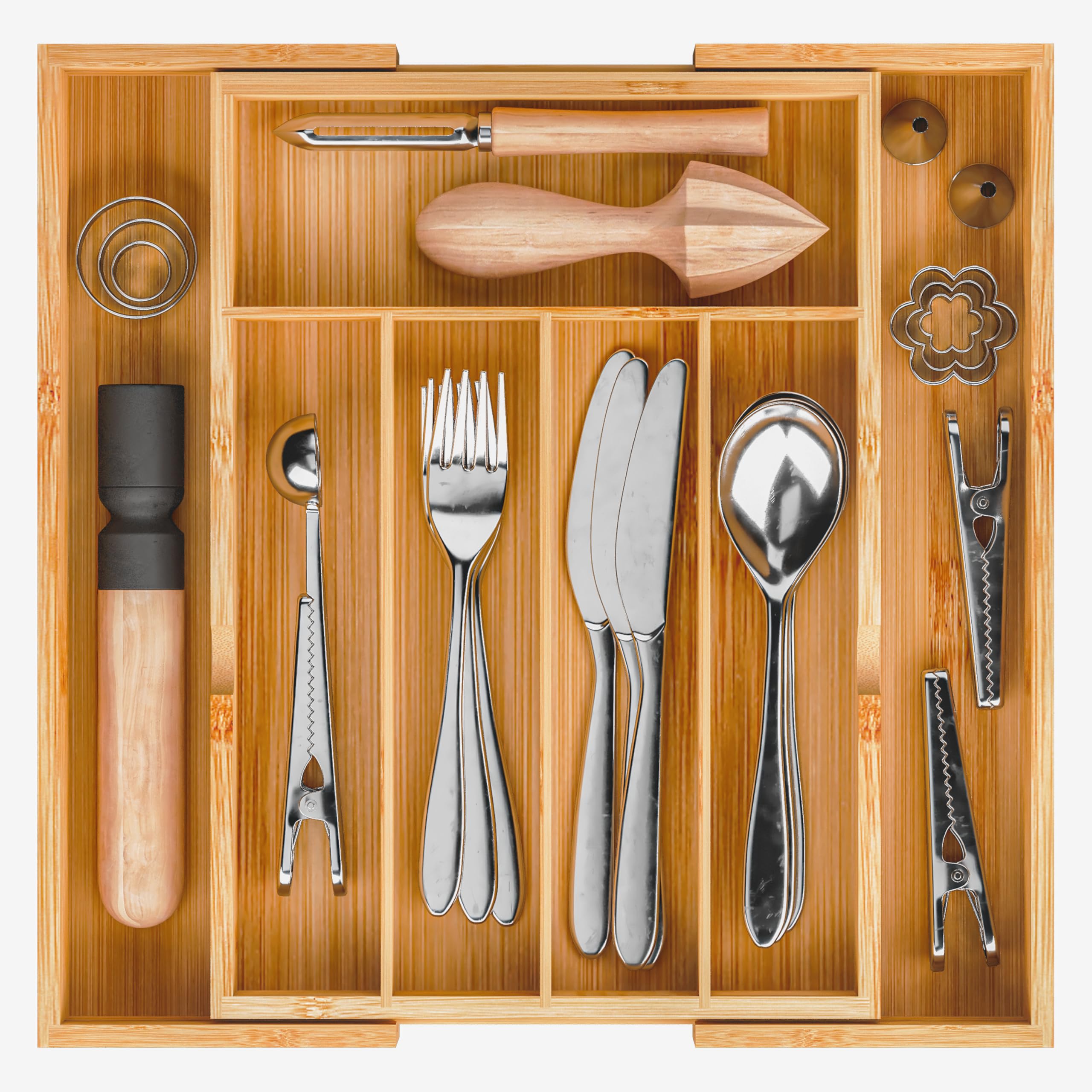 BAMEOS 3.9inch Tall Bamboo Drawer Organizer, Expandable Utensil Holder with 8 Compartments, Adjustable Kitchen Drawer Divider for Flatware, Silverware and Gadgets, Deep Storage for Home and Office