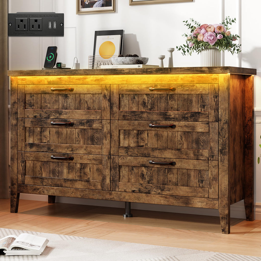 GarveeHome Farmhouse 6 Drawer Dresser with Charging Station & LED Lights, Slim Wooden Bedroom Dresser, Rustic Chest of Drawers Clothes Storage Organizer for Closet Dorm Apartments, White