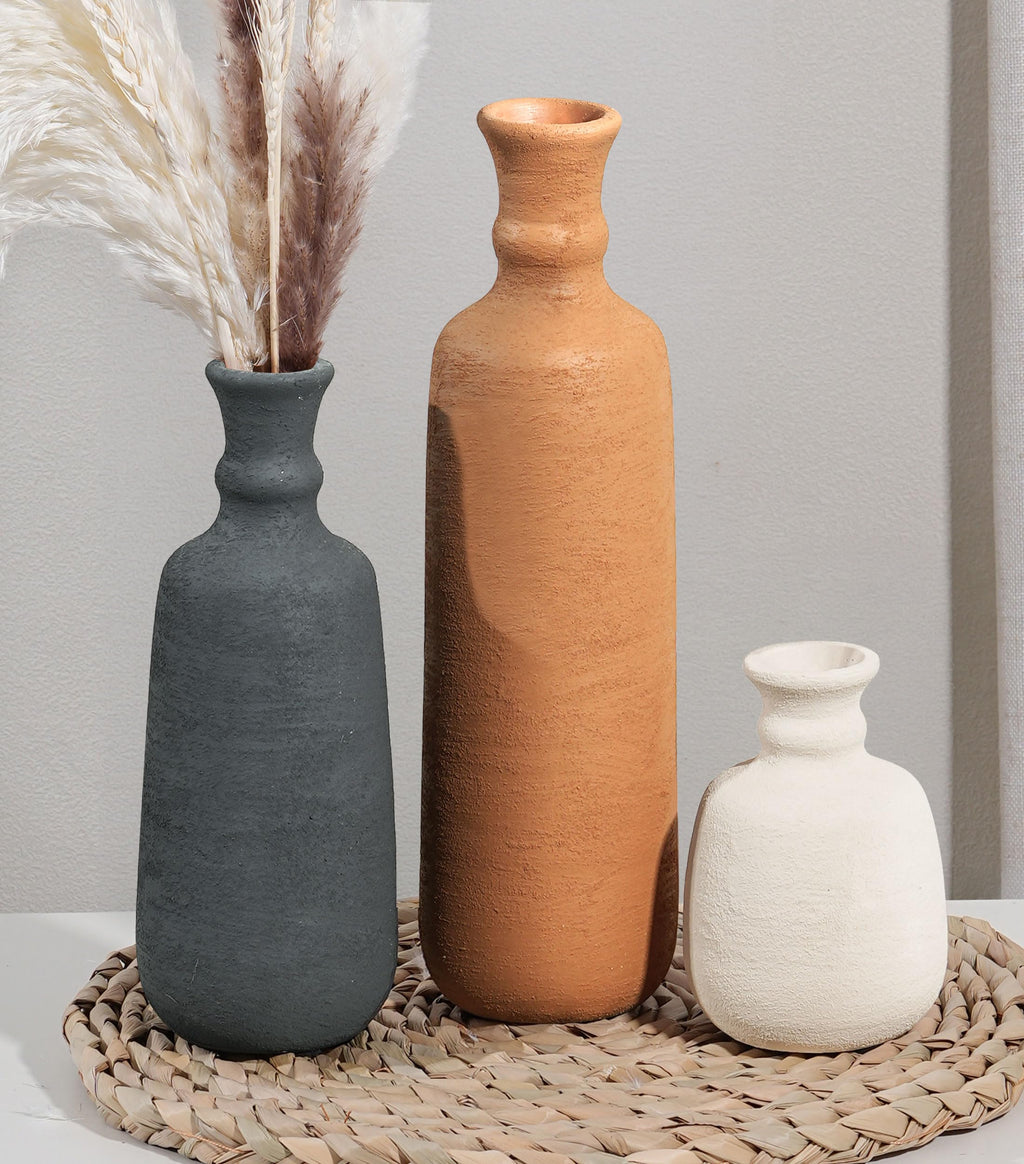 Ceramic Vase Set, 3Pcs Flower Vases for Modern Boho Farmhouse Decor, Decorative Vases for Pampas Grass & Dried Flowers, Distressed Finish