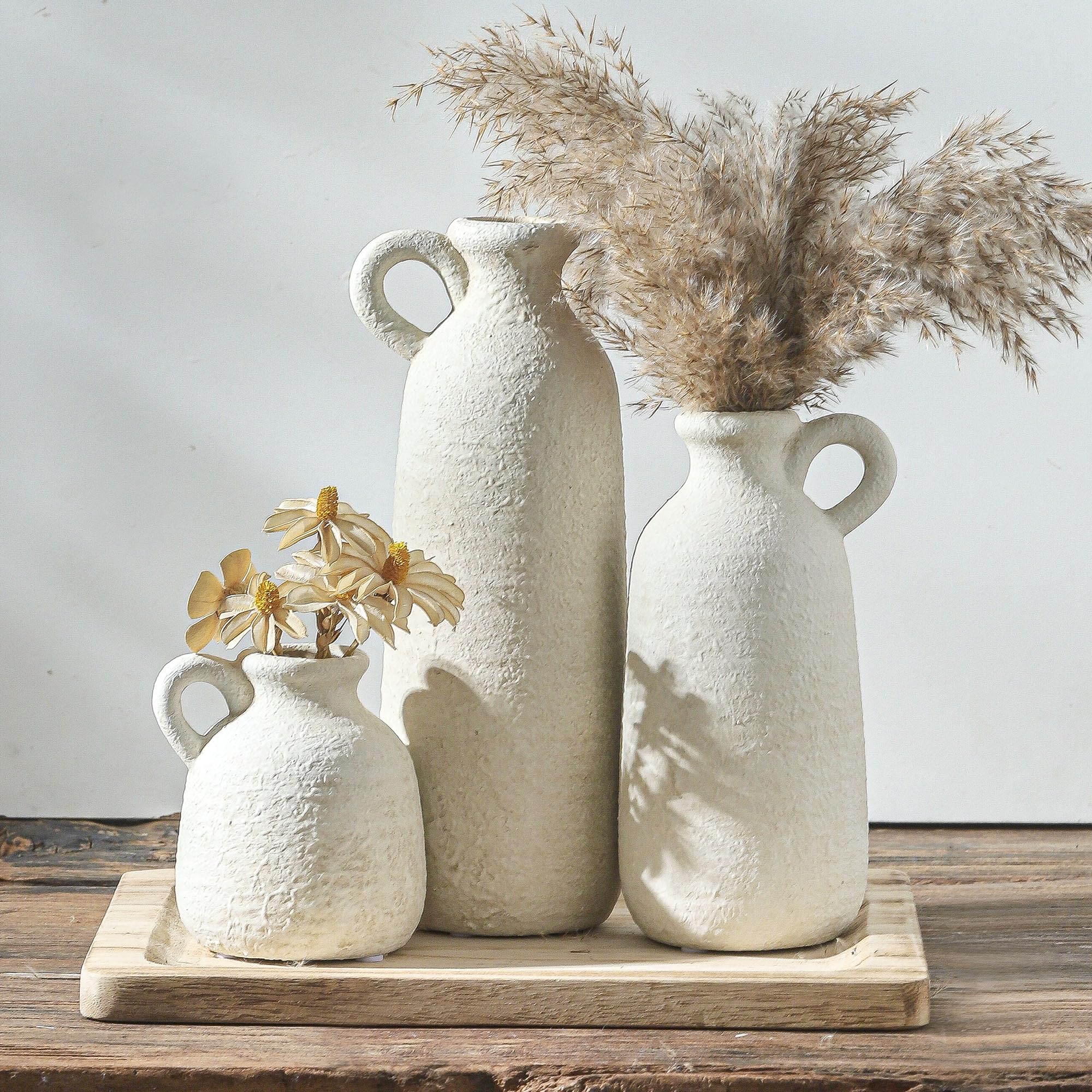 Ceramic Vase Set of 3 | Neutral Vase Home Decor with Handle | Pottery Modern Farmhouse Vases Pampas Grass Flower Vases for Home Decor Table Living Room Centerpieces Mantel Decor - Multicolor