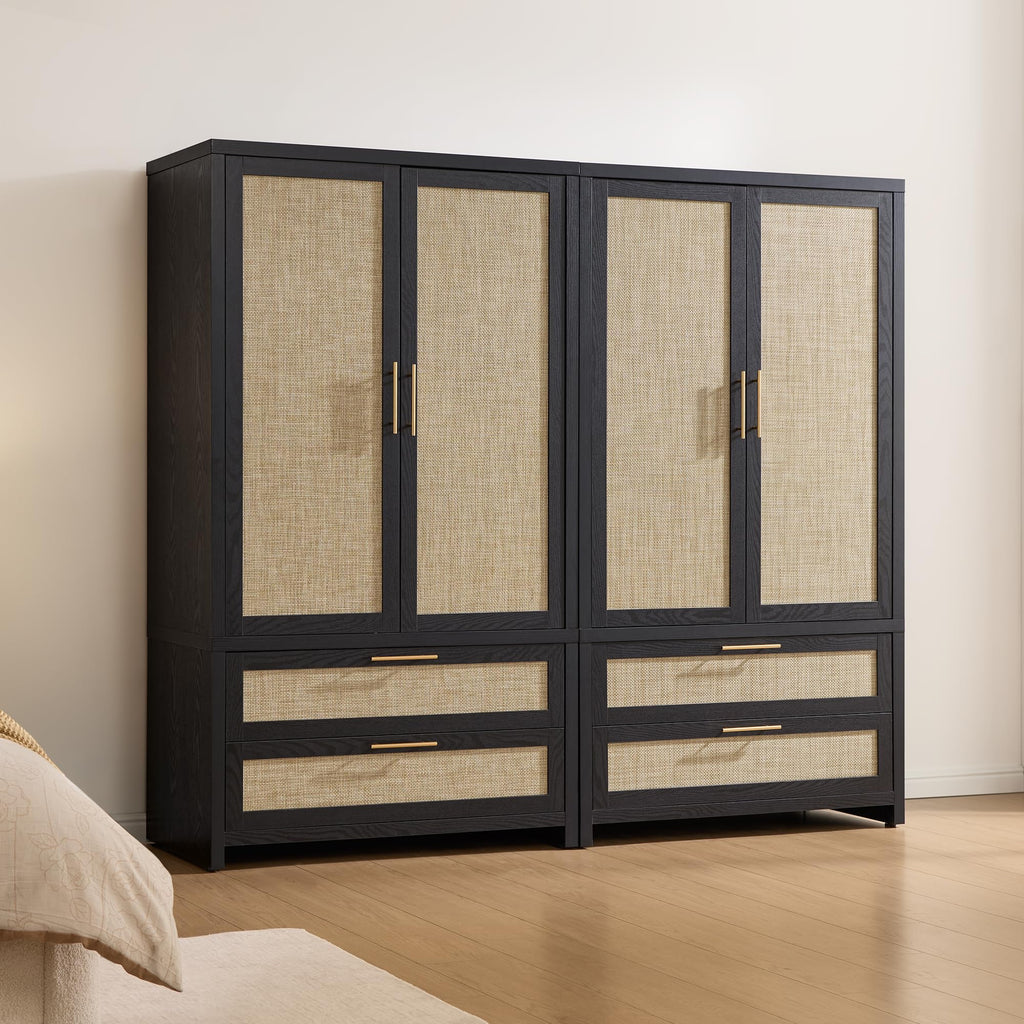 SICOTAS Rattan Armoire Wardrobe Closet Cabinet, 71" Tall Wardrobe Storage Cabinet with 2 Drawers and Hanging Rod, Boho Large-Capacity Deep Armoire Clothes Organizer for Bedroom, Cloak Room, Oak