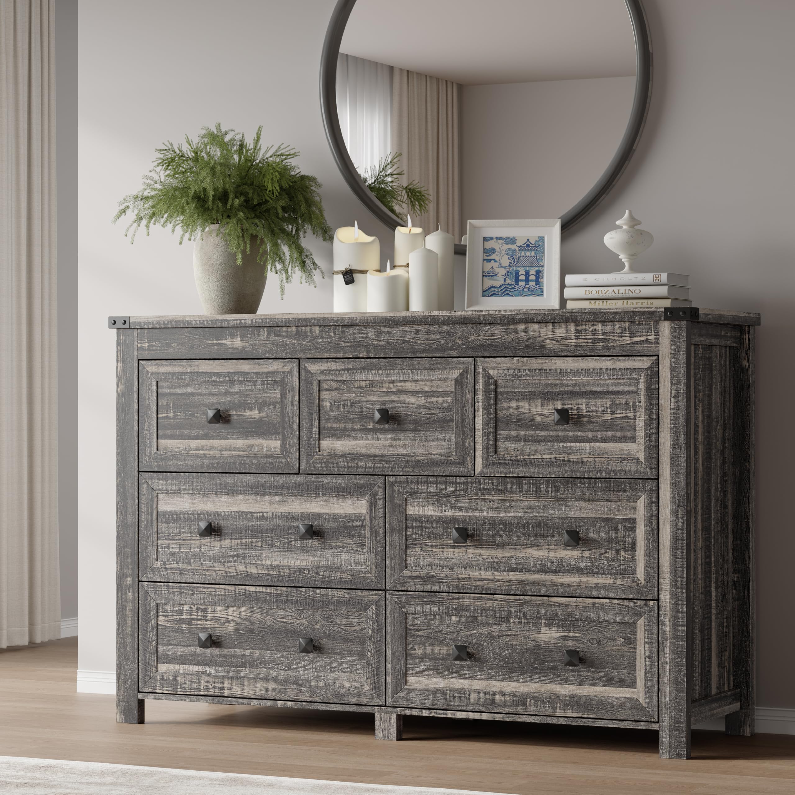 BORNOON 7-Drawer Dresser, Modern Wooden Storage Chest of Drawers, Dresser TV Stand, Wood Drawer Organizer with Metal Handles for Bedroom, Living Room, Hallway