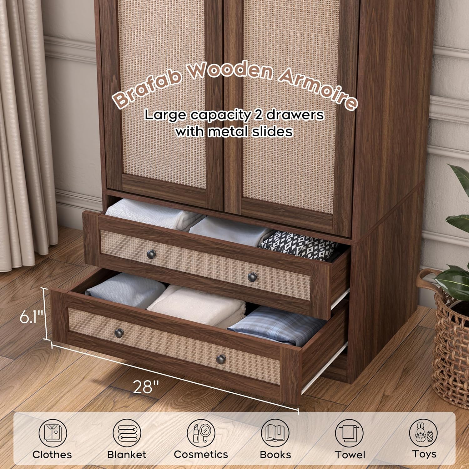 Brafab Armoire Wardrobe Closet with 2 Rattan Doors, 71" Farmhouse Tall Freestanding Coat Closet Wardrobe Cabinet with Drawers and Hanging Rail, Wooden Armoire Storage Cabinet with Shelf for Bedroom