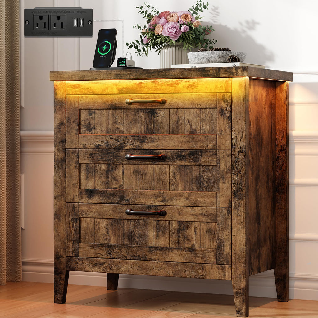 GarveeHome Farmhouse 6 Drawer Dresser with Charging Station & LED Lights, Slim Wooden Bedroom Dresser, Rustic Chest of Drawers Clothes Storage Organizer for Closet Dorm Apartments, White
