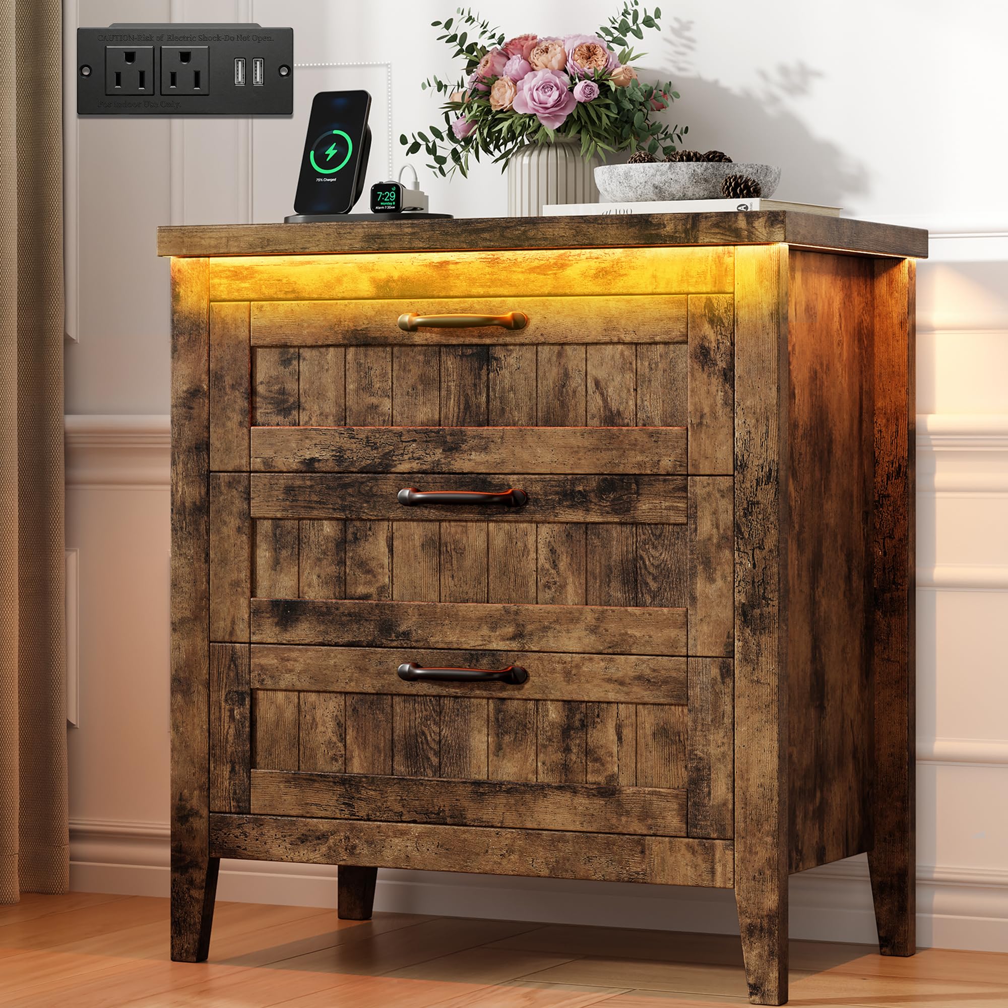 GarveeHome Farmhouse 6 Drawer Dresser with Charging Station & LED Lights, Slim Wooden Bedroom Dresser, Rustic Chest of Drawers Clothes Storage Organizer for Closet Dorm Apartments, White