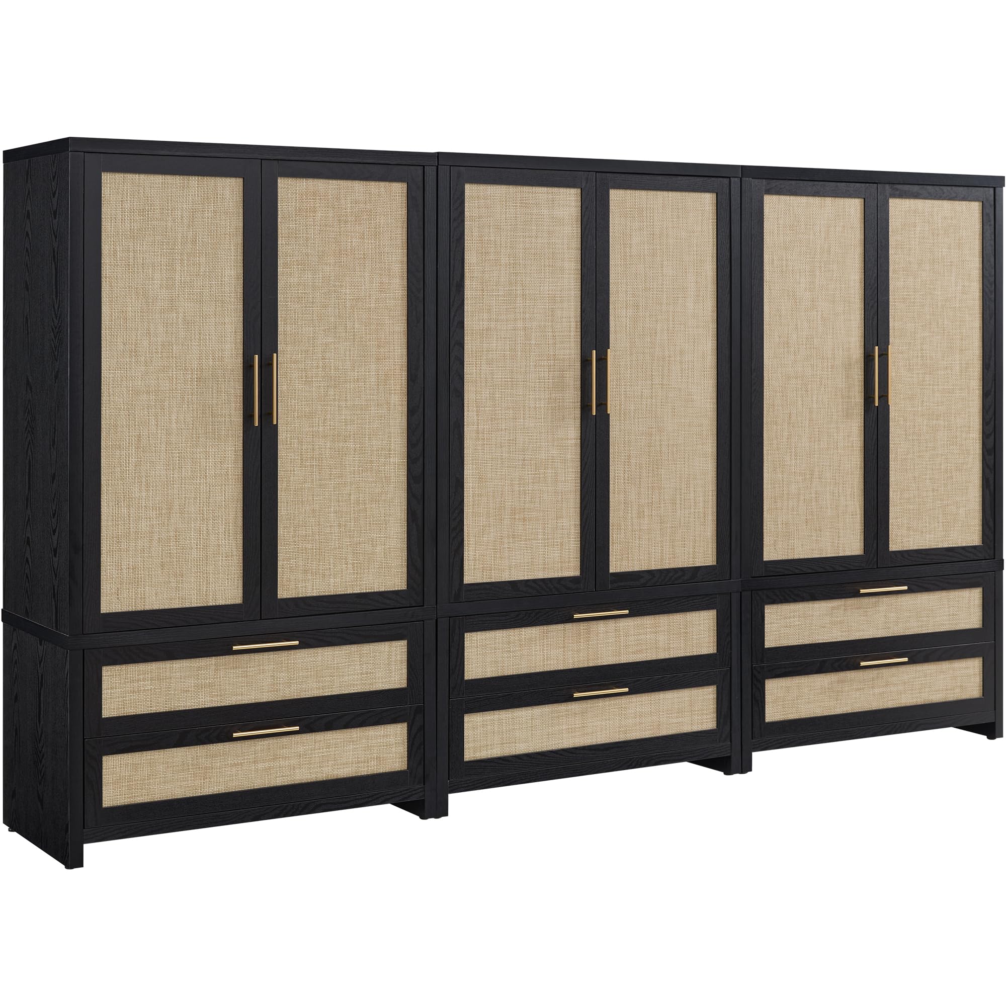 SICOTAS Rattan Armoire Wardrobe Closet Cabinet, 71" Tall Wardrobe Storage Cabinet with 2 Drawers and Hanging Rod, Boho Large-Capacity Deep Armoire Clothes Organizer for Bedroom, Cloak Room, Oak