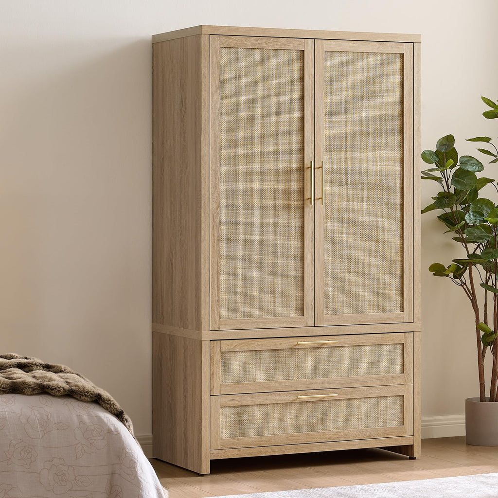 SICOTAS Rattan Armoire Wardrobe Closet Cabinet, 71" Tall Wardrobe Storage Cabinet with 2 Drawers and Hanging Rod, Boho Large-Capacity Deep Armoire Clothes Organizer for Bedroom, Cloak Room, Oak