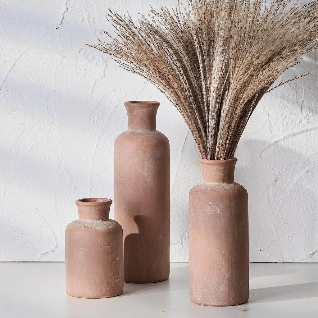 LUKA Ceramic Rustic Farmhouse Vase Set of 3,Terracotta Vases for Decor,Antique Vase for Your Bedroom,Office,Living Room,Fireplace,Bookshelf Decor,Housewarming (10+7.5+5 Inch)