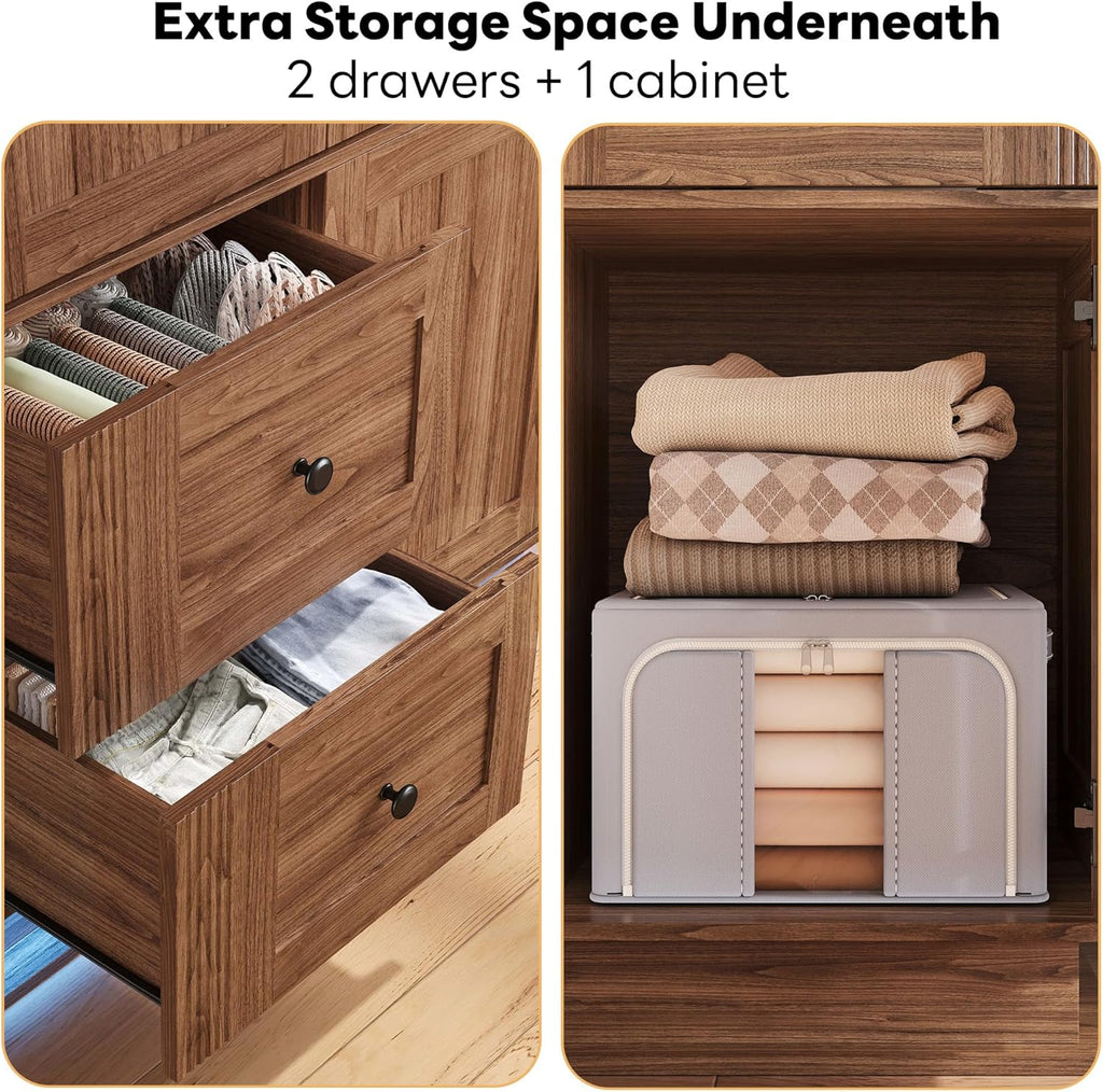 LIKIMIO Farmhouse Wardrobe Closet with Doors, 70" Bedroom Armoires with LED Lights and Hanging Rod, Wooden Large Wardrobe Cabinet with 2 Drawers and 1 Cabinet, Walnut