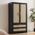 SICOTAS Rattan Armoire Wardrobe Closet Cabinet, 71" Tall Wardrobe Storage Cabinet with 2 Drawers and Hanging Rod, Boho Large-Capacity Deep Armoire Clothes Organizer for Bedroom, Cloak Room, Oak