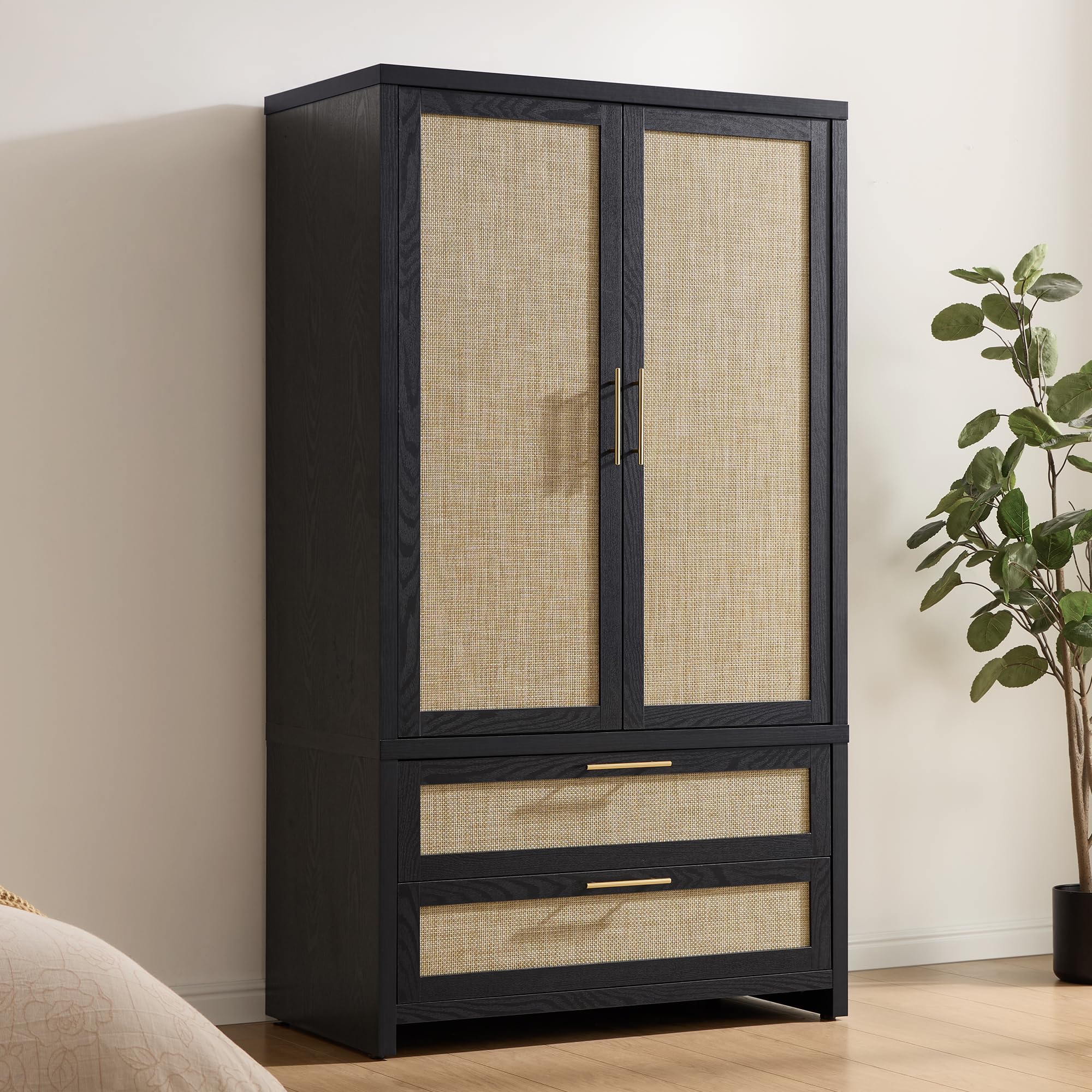 SICOTAS Rattan Armoire Wardrobe Closet Cabinet, 71" Tall Wardrobe Storage Cabinet with 2 Drawers and Hanging Rod, Boho Large-Capacity Deep Armoire Clothes Organizer for Bedroom, Cloak Room, Oak