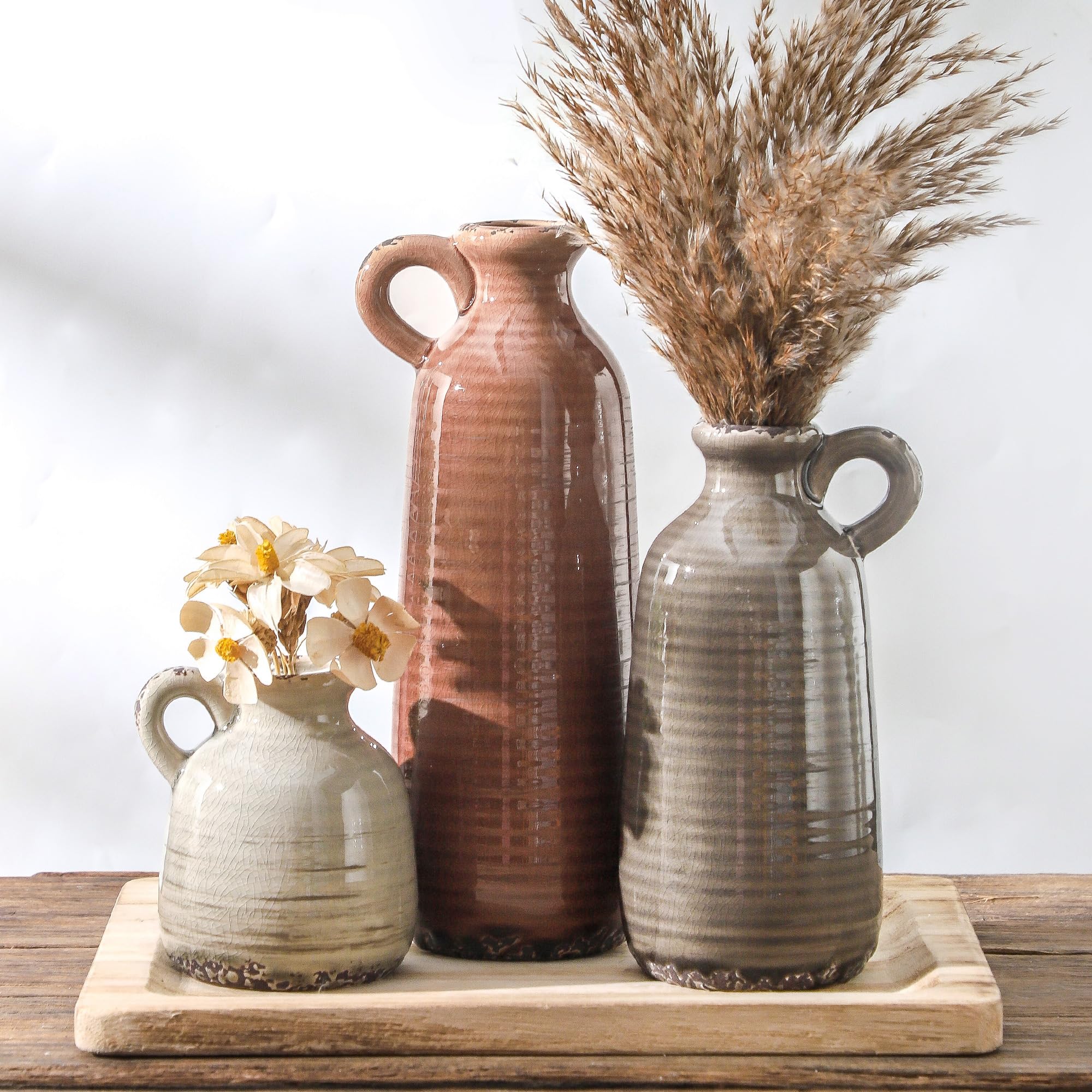 Ceramic Vase Set of 3 | Neutral Vase Home Decor with Handle | Pottery Modern Farmhouse Vases Pampas Grass Flower Vases for Home Decor Table Living Room Centerpieces Mantel Decor - Multicolor