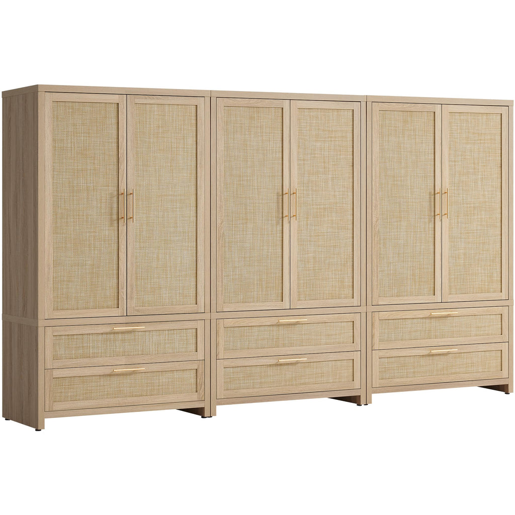 SICOTAS Rattan Armoire Wardrobe Closet Cabinet, 71" Tall Wardrobe Storage Cabinet with 2 Drawers and Hanging Rod, Boho Large-Capacity Deep Armoire Clothes Organizer for Bedroom, Cloak Room, Oak