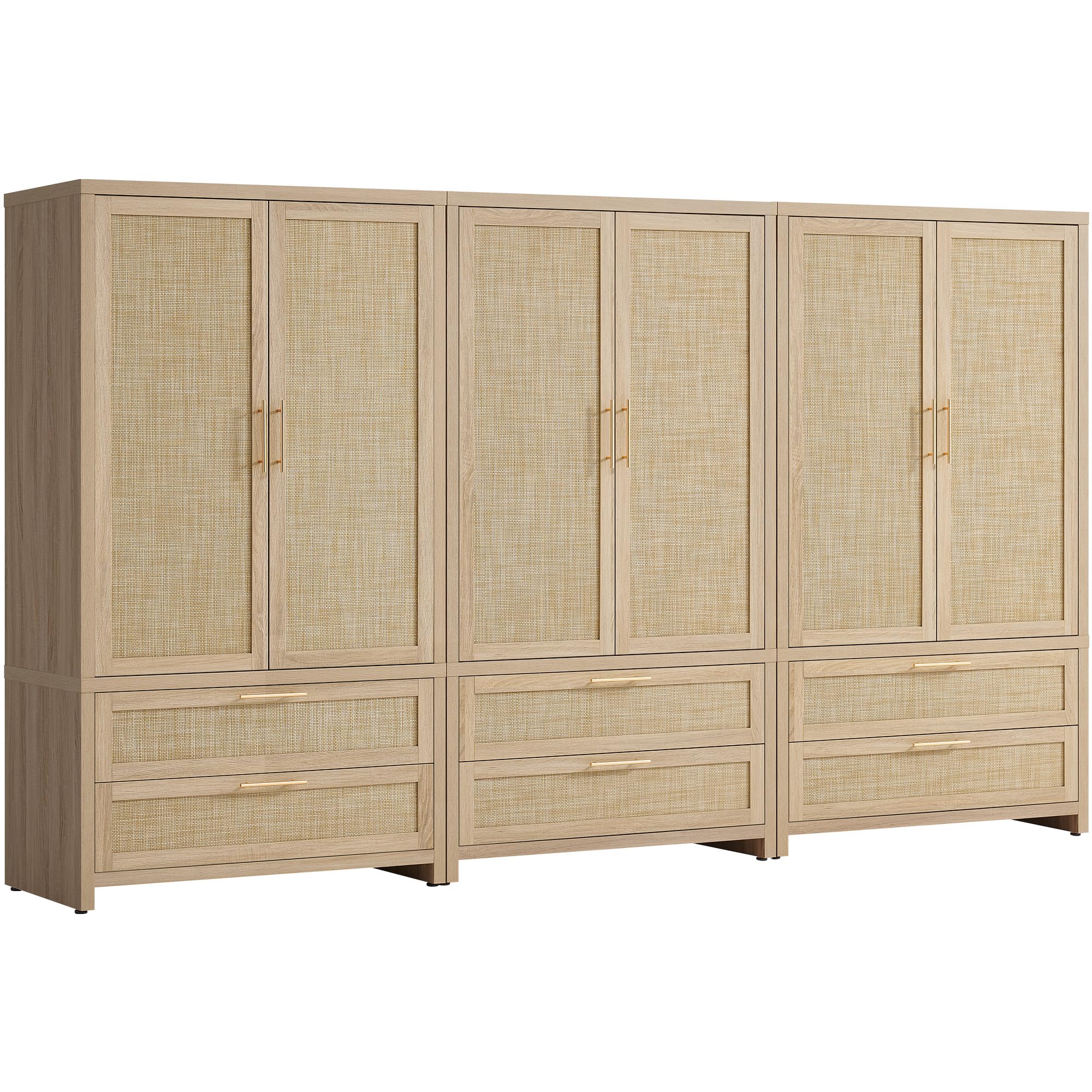 SICOTAS Rattan Armoire Wardrobe Closet Cabinet, 71" Tall Wardrobe Storage Cabinet with 2 Drawers and Hanging Rod, Boho Large-Capacity Deep Armoire Clothes Organizer for Bedroom, Cloak Room, Oak