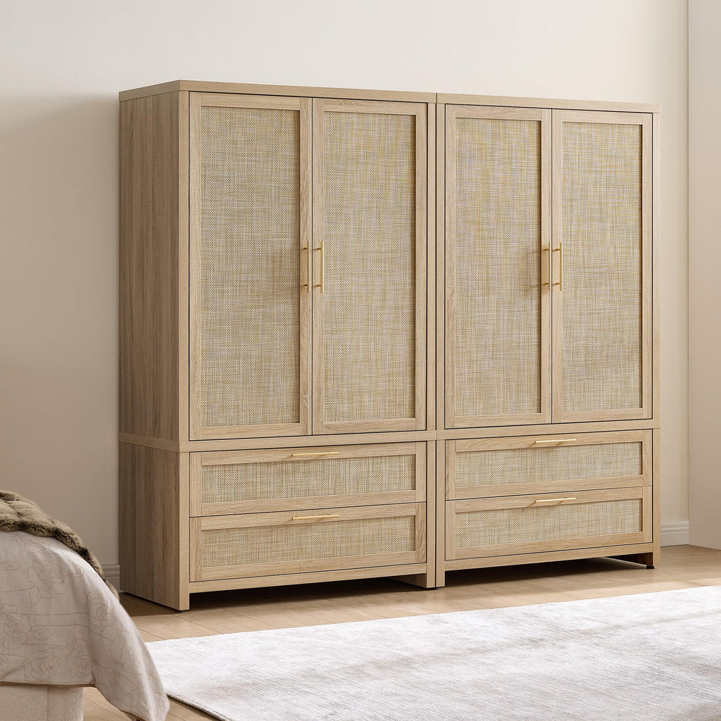 SICOTAS Rattan Armoire Wardrobe Closet Cabinet, 71" Tall Wardrobe Storage Cabinet with 2 Drawers and Hanging Rod, Boho Large-Capacity Deep Armoire Clothes Organizer for Bedroom, Cloak Room, Oak
