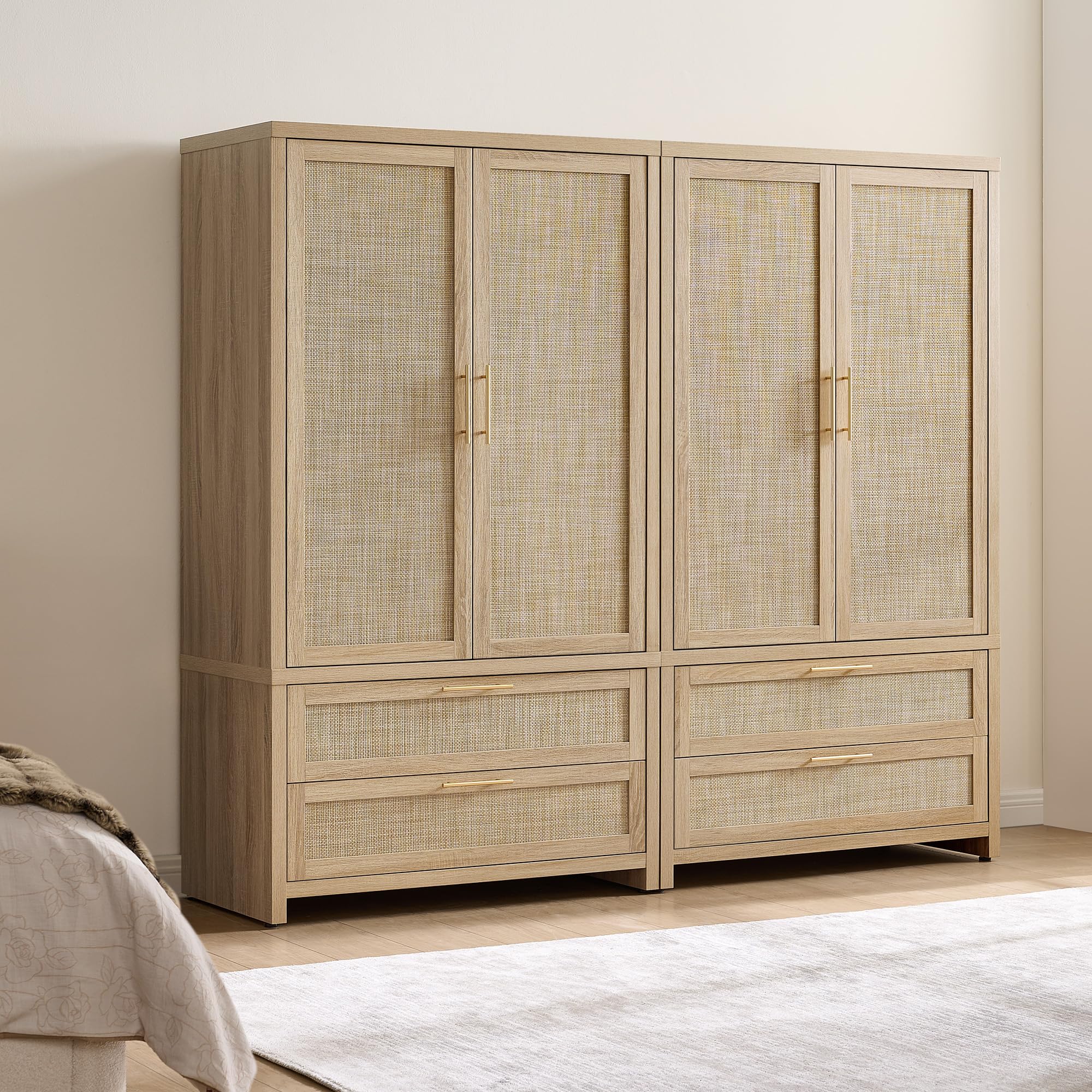 SICOTAS Rattan Armoire Wardrobe Closet Cabinet, 71" Tall Wardrobe Storage Cabinet with 2 Drawers and Hanging Rod, Boho Large-Capacity Deep Armoire Clothes Organizer for Bedroom, Cloak Room, Oak